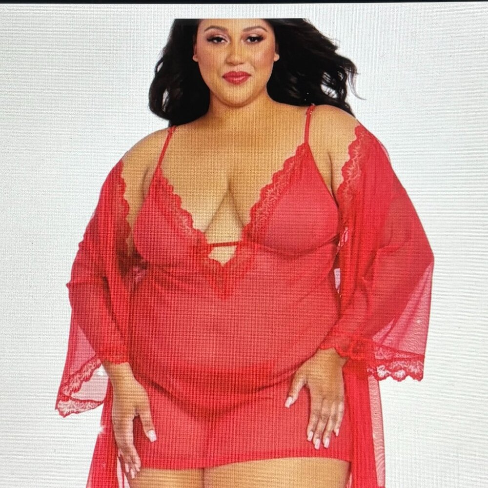 DREAMGIRL STRETCH MESH CHEMISE & ROBE SET IN RED SIZE 1X